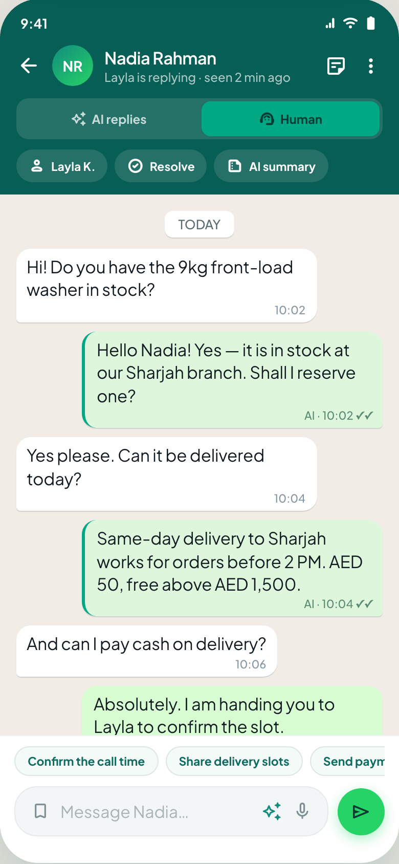 Mobile chat screen with AI / Human toggle