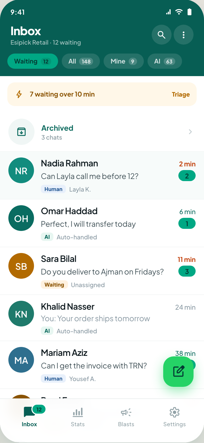 Mobile inbox screen with waiting filter and mode chips