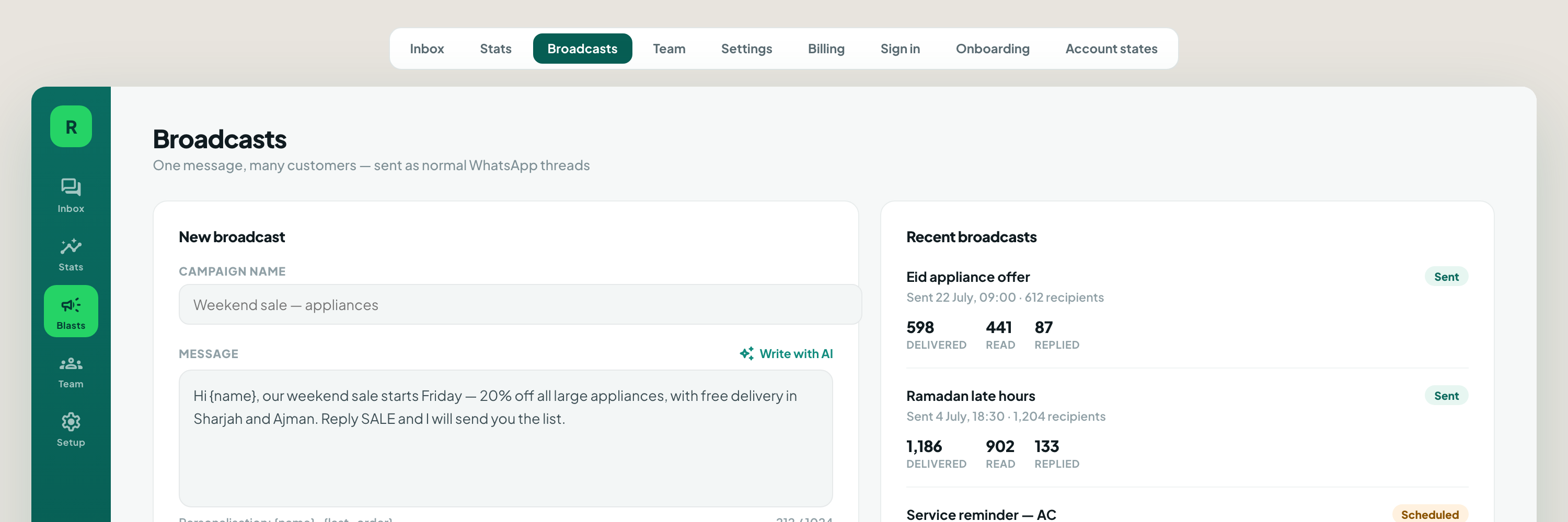 Broadcast composer with audience segments, personalization tokens and recent broadcast history