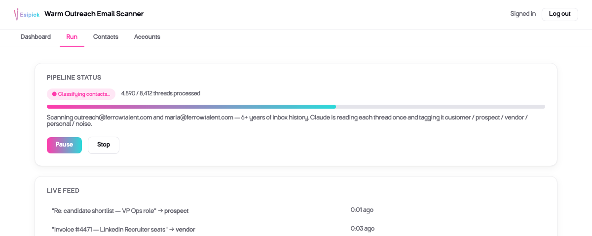 Run screen showing live scan progress and a real-time feed of threads being classified